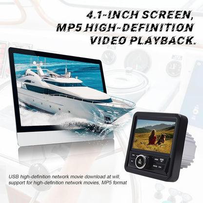 Geloo Mariene stereo-ontvanger, draadloos boot-stereo-radiosysteem met 4,1 inch LCD-scherm, digitale MP5, multifunctionele mediaspeler, AM/FM-radio, weerbestendig, voor motorfiets, boot, golfwagen,