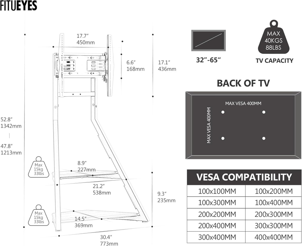 FITUEYES Design mobiele tv-standaard op wielen met 2 planken voor 32 43 55 65 inch vloer tv-standaard art schermhoek ± 15° verstelbare hoogte 946-1076,5 mm max. belasting 40 kg voor thuis, lounge