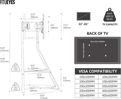 FITUEYES Design tv-standaard met wieltjes voor tv 32 43 55 65 inch, in hoogte verstelbaar 946 - 1076,5 mm, met 2 planken voor huis, woonkamer, conferentie serie Eiffel
