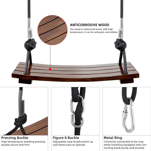 Schommelzitje - Schommels - Kinderschommel - Schommelplankje - voor Kinderen - Volwassenen - met Versterkte Gesp - voor Binnen Buiten - In Hoogte Verstelbaar Touw - Belastbaar tot 200kg - Hout - 43 x 20 cm - Donkerbruin