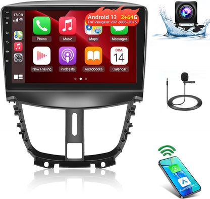 [2+64G]Android 13 Car Stereo for Peugeot 207 2006-2015 with Wireless Carplay & Android Car, 9 Inch Touch Screen Car Radio with WiFi GPS Mirror Link DSP FM/RDS Radio SWC+ AHD Rear View Camera