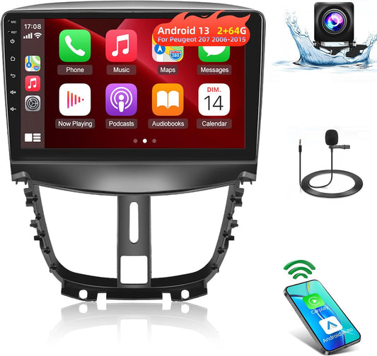 [2+64G]Android 13 Car Stereo for Peugeot 207 2006-2015 with Wireless Carplay & Android Car, 9 Inch Touch Screen Car Radio with WiFi GPS Mirror Link DSP FM/RDS Radio SWC+ AHD Rear View Camera