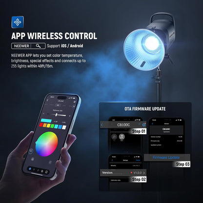 NEEWER CB100C 130W RGB COB Video Light met 2.4G/App Remote Control, RGB LED Continue Verlichting, Bowens Frame Foto Studio Licht