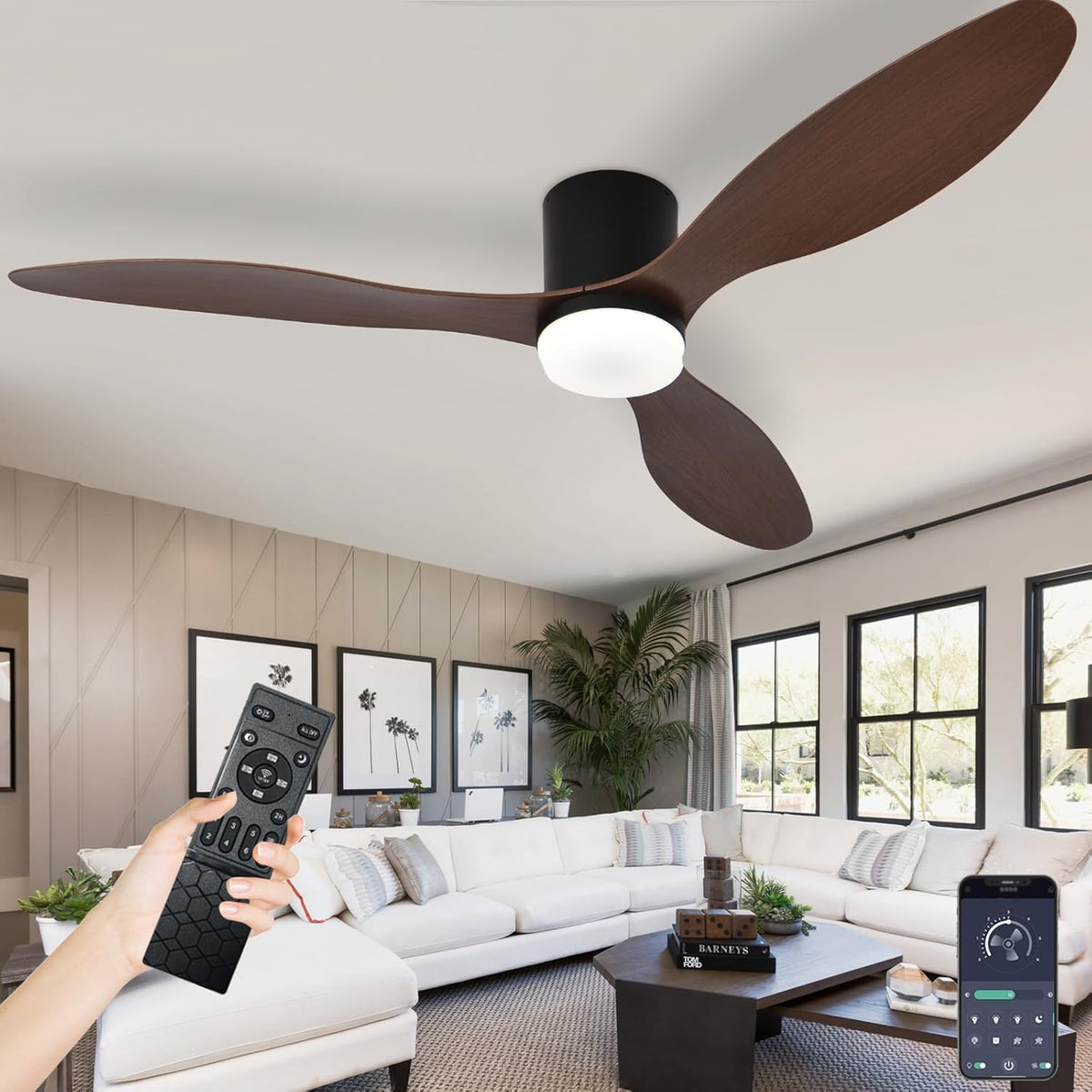 Grote Plafondventilator Met Verlichting En Afstandsbediening Voor De Slaapkamer, Moderne Plafondventilator Voor Binnen Met Lampen, 6-snelheden Stille DC-motor, Geheugenfunctie Dimbare Led-Black-52in