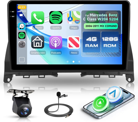 4G + 128G Android autoradio voor Mercedes Benz C klasse W204 S204 met COMAND 2006-2011, 9 inch in-cell display carplay draadloze Android Auto GPS Navi WiFi FM/RDS/EQ Bluetooth Mirror Link SWC