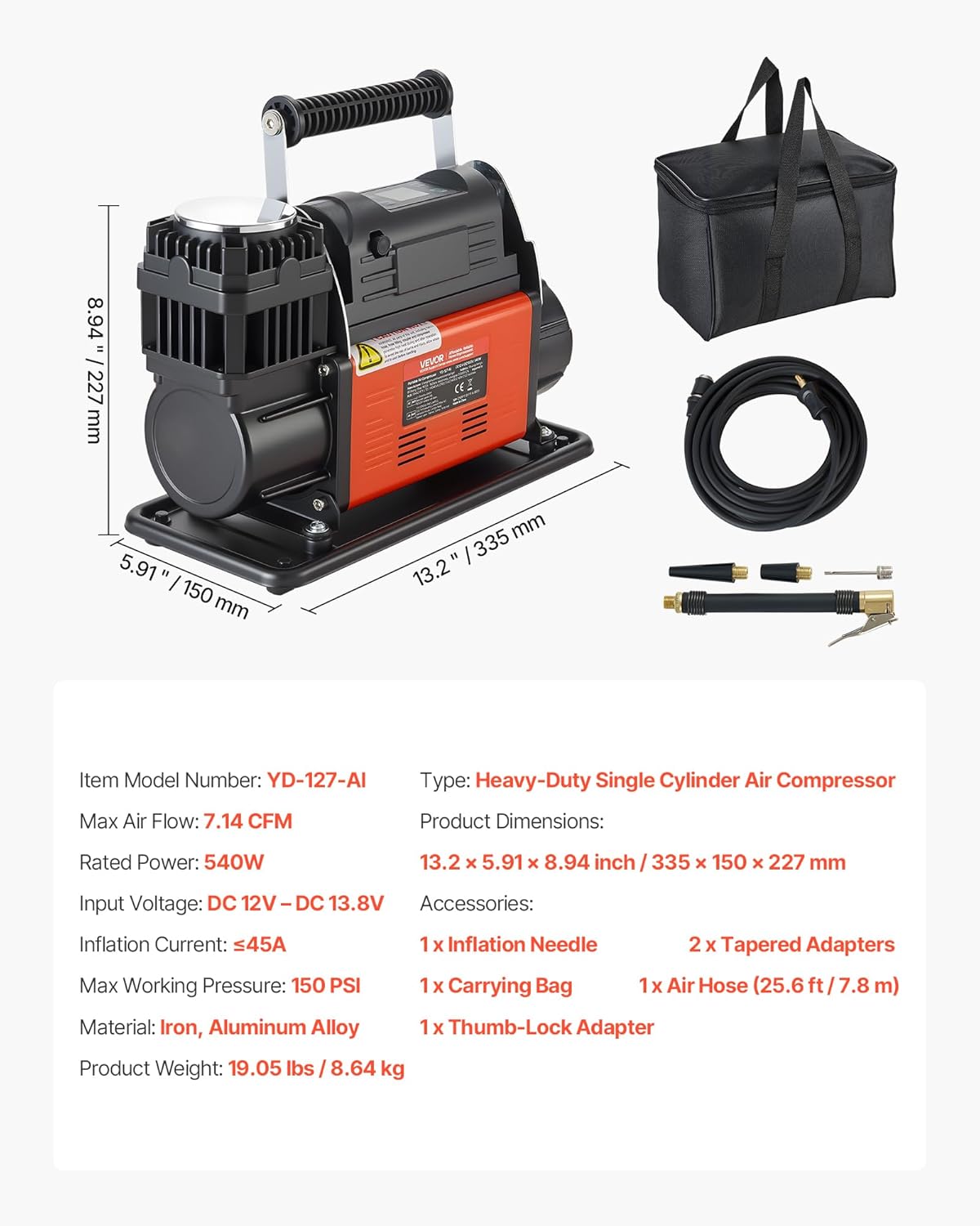 Draagbare Luchtcompressor – Bandenpomp – Banden Inflator – Luchtpomp – Compressor – Automatische Uitschakeling – Digitaal LCD-Display – 202 L/Min – 10,3 Bar