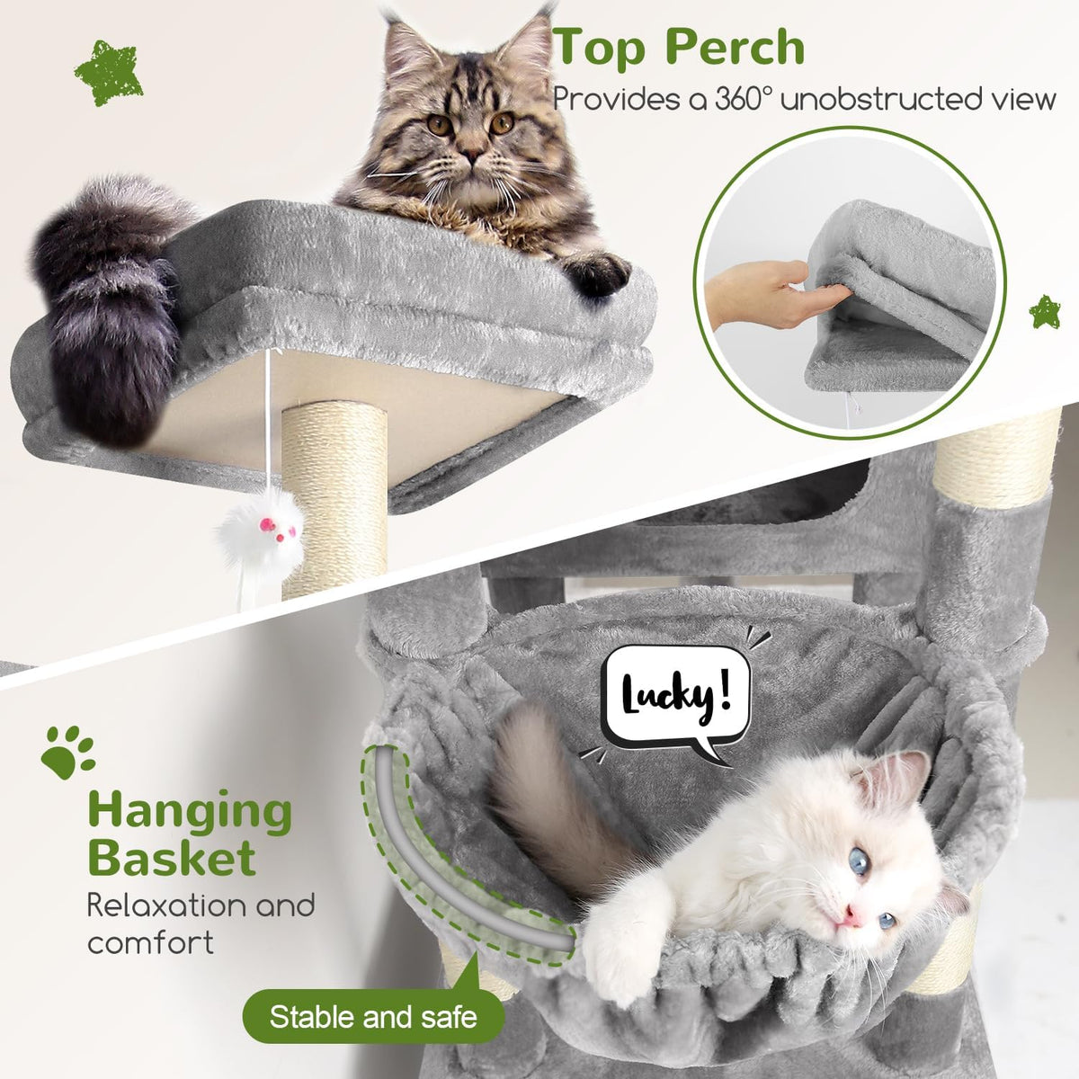 XXL Krabpaal – Kattenboom – Krabmeubel – Krabpaal Groot – Kattenhuis – 207 cm Hoog – 3 Kattenhuisjes – Comfortabel Ligmandje – Stabiel Design – Lichtgrijs