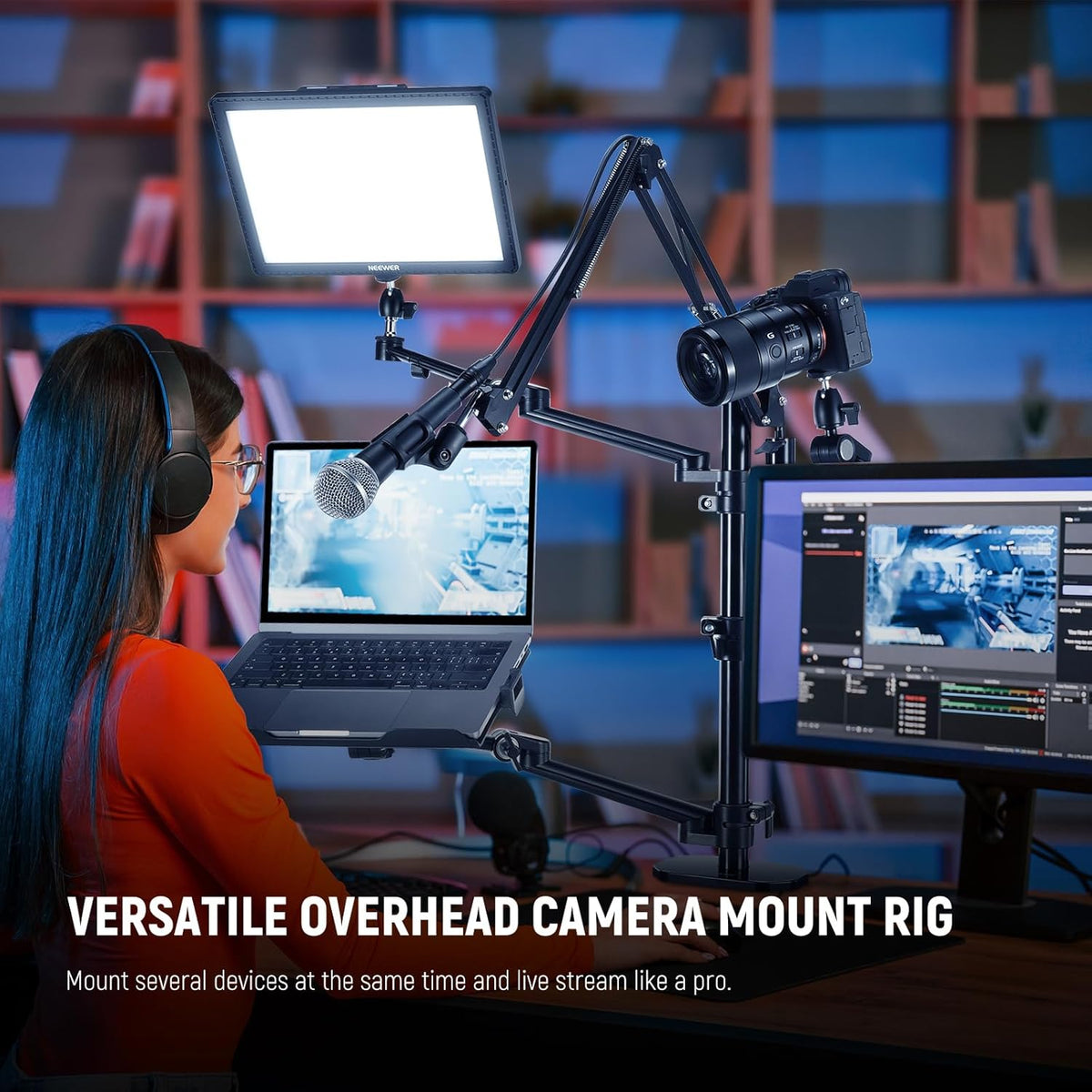 NEEWER Overhead Camera Stand Bureau Mount Rig met 4 Boom Arms voor Fotografie Video Licht Ring Licht Mount Webcam Mic Compact DSLR voor Live Streaming Uitzending Online Onderwijs Vergadering, DS007