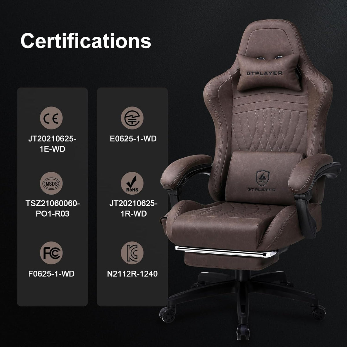 GTPLAYER Leather Game Chair, Ergonomic Game Chair, Desk Chair with Footrest, Speaker, Adjustable Headrest and Lumbar Support, Tilting Backrest, Light Brown - QUORE