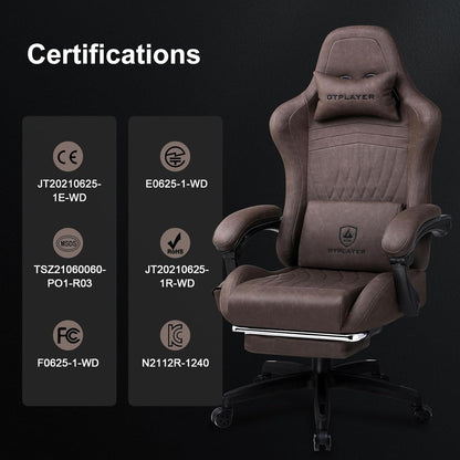 GTPLAYER Leather Game Chair, Ergonomic Game Chair, Desk Chair with Footrest, Speaker, Adjustable Headrest and Lumbar Support, Tilting Backrest, Light Brown - QUORE