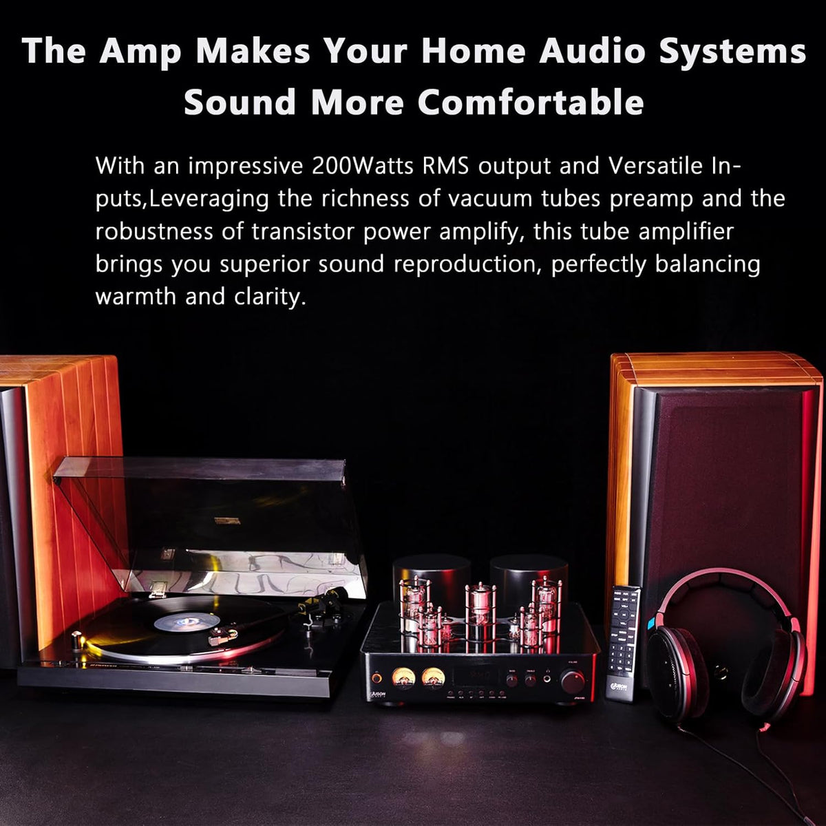 Juson Audio JTA100 200 W vacuümbuisversterker, geïntegreerde hybride met BT 5.0, Optisch AUX RCA Phono-ingang en hoofdtelefoonuitgang, 2.1CH Class AB, hifi home audio voor platenspeler