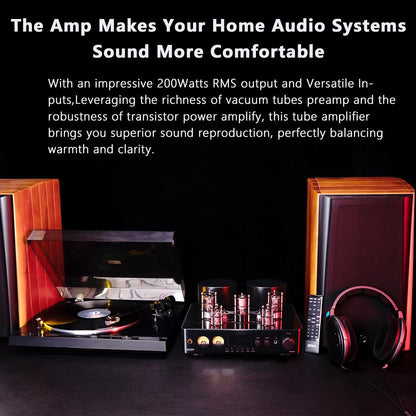Juson Audio JTA100 200 W vacuümbuisversterker, geïntegreerde hybride met BT 5.0, Optisch AUX RCA Phono-ingang en hoofdtelefoonuitgang, 2.1CH Class AB, hifi home audio voor platenspeler