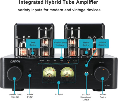 JTA50 2025 130 W buisversterker, hifi-versterker van instapklasse met BT 5.0, afstandsbediening, AUX, coax, phono en USB-ingang, subwoofer-uitgang, 2.1-kanaal voor platenspeler