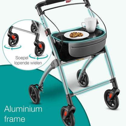 ELONEO Lichtgewicht Rollator voor Binnen - 54 cm Breed, Opvouwbaar Looprek met Dienblad en Stoffen Mandje, Smalle Rollator van Aluminium, Inklapbaar Mobiliteitshulpmiddel, Zilver