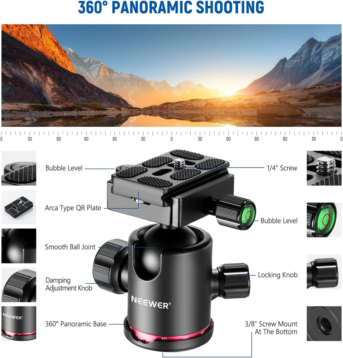 NEEWER Opgewaardeerde 80.5" Carbon Fiber Camera Statief Monopod met Telescopische 2 Sectie Center Axes, 360 ° Panorama Ballhead, 1/4" Arca Type QR Plaat, Reisstatief met ø28mm kolom, Max Belasting 20