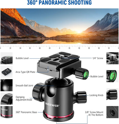 NEEWER Opgewaardeerde 80.5" Carbon Fiber Camera Statief Monopod met Telescopische 2 Sectie Center Axes, 360 ° Panorama Ballhead, 1/4" Arca Type QR Plaat, Reisstatief met ø28mm kolom, Max Belasting 20