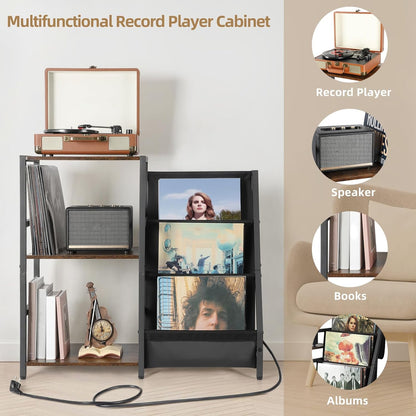 Platenspeler Standaard met Stopcontact, Eindtafel met 3 Niveaus Opslag voor Vinylplaten Platenspeler Tafel tot 200 Albums voor Vnyl Platen, Vinyl Platenhouder Kabinet voor de Woonkamer