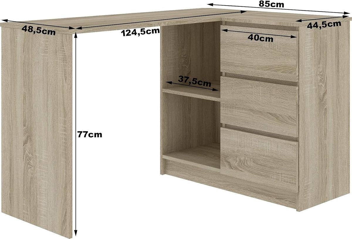 AKORD Corner Desk B-16 with 3 Drawers and 2 Shelves, Corner Desk for Home Office, L124 x H77 x D85, 48 kg, Sonoma Oak and White Front - QUORE