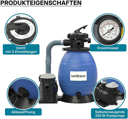Wiltec zandfiltersysteem 250 W met 26 liter filtertank en zelfaanzuiging 10.000 l/h poolpomp