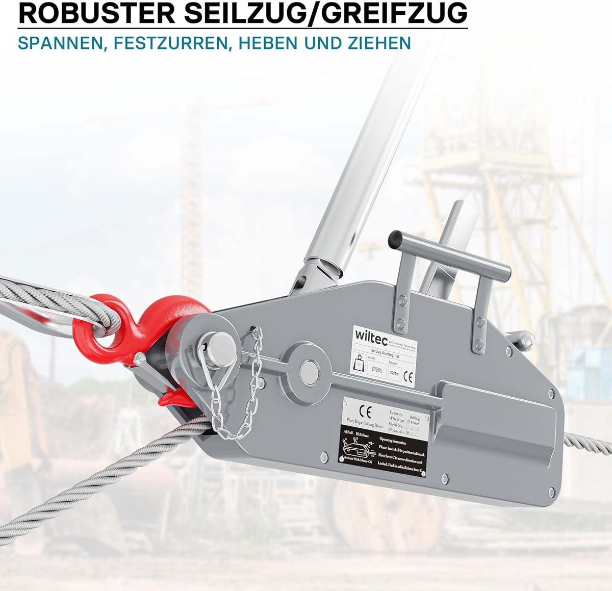 Kabellier – Handlier, Handkabellier, Kabeltakel, Handtakel – 1600 kg Draagvermogen – 20 m Kabel Ø 11 mm met Veiligheidspen en Lasthaak