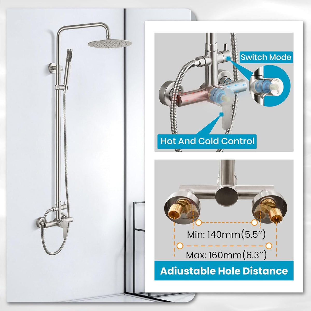 Outdoor Douchekraan SUS304 Douche Armatuur Systeem Combo Set Regendouche Enkele Handvat Hoge Druk Hand Spray Muur Mount 2 Functie Geborsteld Nikkel 8 "Regendouche Hoofd Kit
