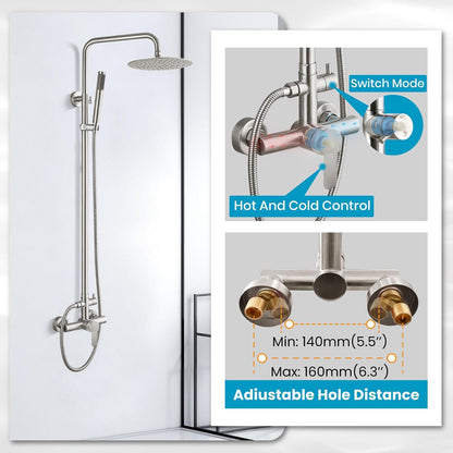 Outdoor Douchekraan SUS304 Douche Armatuur Systeem Combo Set Regendouche Enkele Handvat Hoge Druk Hand Spray Muur Mount 2 Functie Geborsteld Nikkel 8 "Regendouche Hoofd Kit