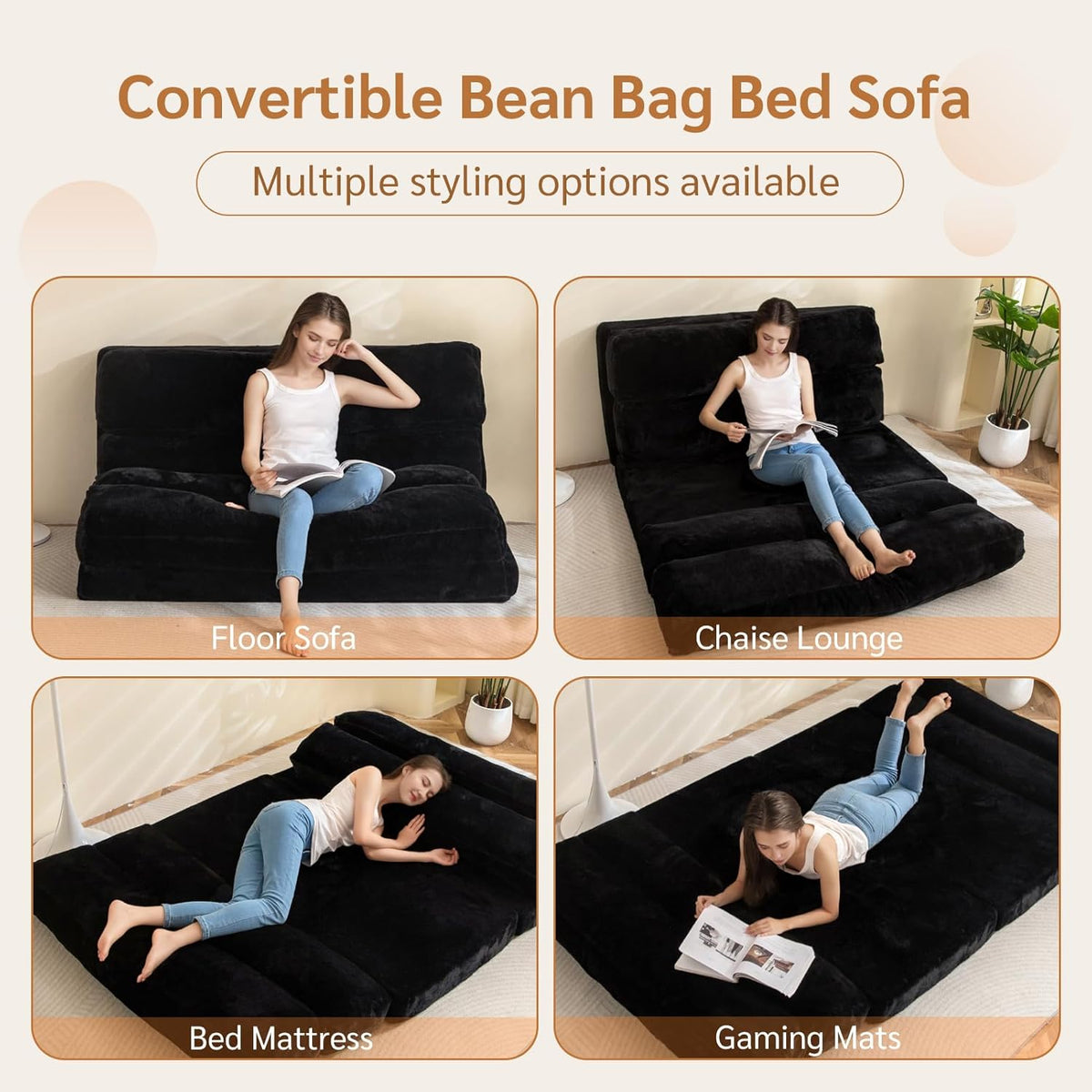 MAXYOYO Bean Bag Bed Folding Sofa Bed Floor Mattress for Adults, Extra Thick 6 Fold Floor Sofa Floor Sofa for Bedroom Living Room, Black, 100x240cm