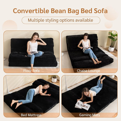 MAXYOYO Bean Bag Bed Folding Sofa Bed Floor Mattress for Adults, Extra Thick 6 Fold Floor Sofa Floor Sofa for Bedroom Living Room, Black, 100x240cm