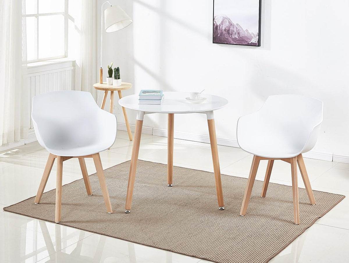 EGGREE Set van 4 eetkamerstoelen met poten van massief beukenhout, retro design, keukenstoelen van hout, wit, woonkamerstoel met armleuningen