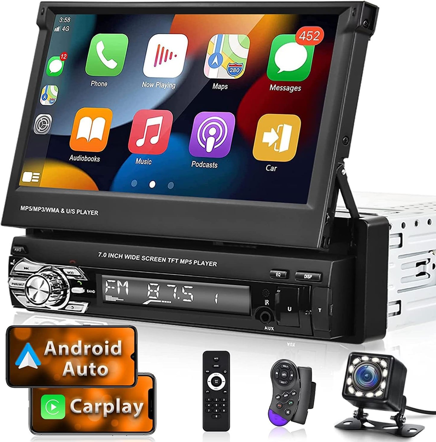 Hikity 1 Din Apple Carplay autoradio met uitschuifbaar scherm, Android autoradio met 7 inch touchscreen, radio met Bluetooth handsfree, FM USB/AUX+achteruitrijcamera