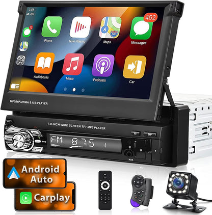 Hikity 1 Din Apple Carplay autoradio met uitschuifbaar scherm, Android autoradio met 7 inch touchscreen, radio met Bluetooth handsfree, FM USB/AUX+achteruitrijcamera