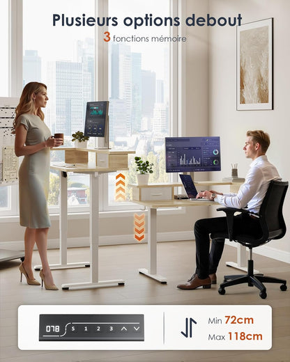 OffiGo Height Adjustable Desk, One-Piece Tabletop, 120x60 Electric Desk with L Monitor Holder, Standing Desk with Drawer, Standing Desk with USB, Ergonomic Computer Desk, Beige - QUORE