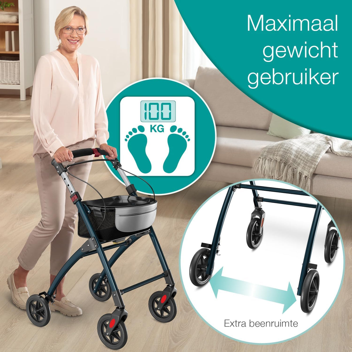 ELONEO Lichtgewicht Rollator voor Binnen - 54 cm Breed, Opvouwbaar Looprek met Dienblad en Stoffen Mandje, Smalle Rollator van Aluminium, Inklapbaar Mobiliteitshulpmiddel, Antraciet