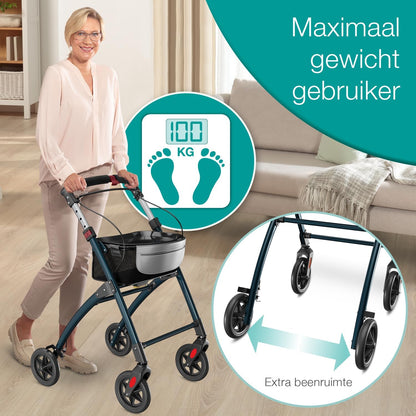 ELONEO Lichtgewicht Rollator voor Binnen - 54 cm Breed, Opvouwbaar Looprek met Dienblad en Stoffen Mandje, Smalle Rollator van Aluminium, Inklapbaar Mobiliteitshulpmiddel, Antraciet