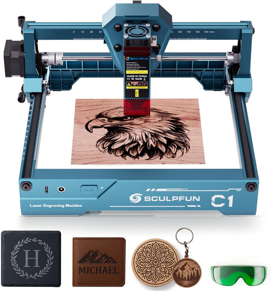 SCULPFUN C1 Mini Laser Engraver, 3W Portable Laser Engraving Machine with 0.04mm Ultra Fine Spot, Work for DIY Beginners,Plywood,Leather,Kraft Paper,Slate, Engraving Area 150 * 130mm