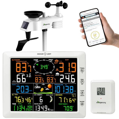 Urageuxy 14-in-1 Professioneel WLAN Weerstation, 20,5CM Groot Kleurendisplay Weerstation met Windmeter en Regenmeter, Windvaan, Binnen Buiten Thermometer/Hygrometer, UV-Index, Luchtdruk