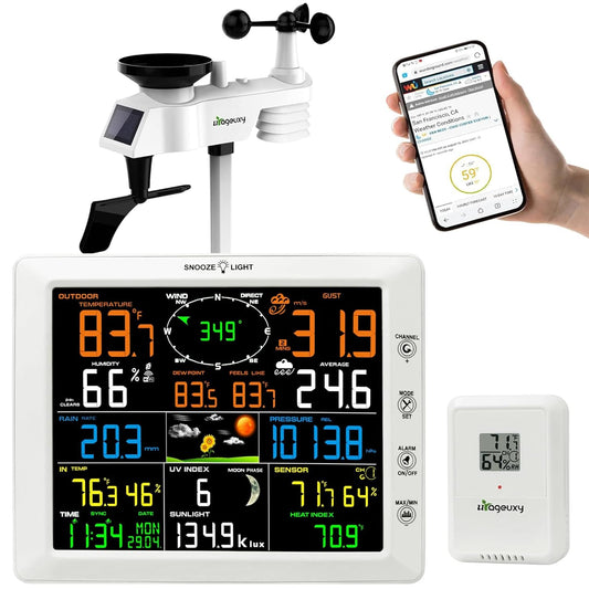 Urageuxy 14-in-1 Professioneel WLAN Weerstation, 20,5CM Groot Kleurendisplay Weerstation met Windmeter en Regenmeter, Windvaan, Binnen Buiten Thermometer/Hygrometer, UV-Index, Luchtdruk