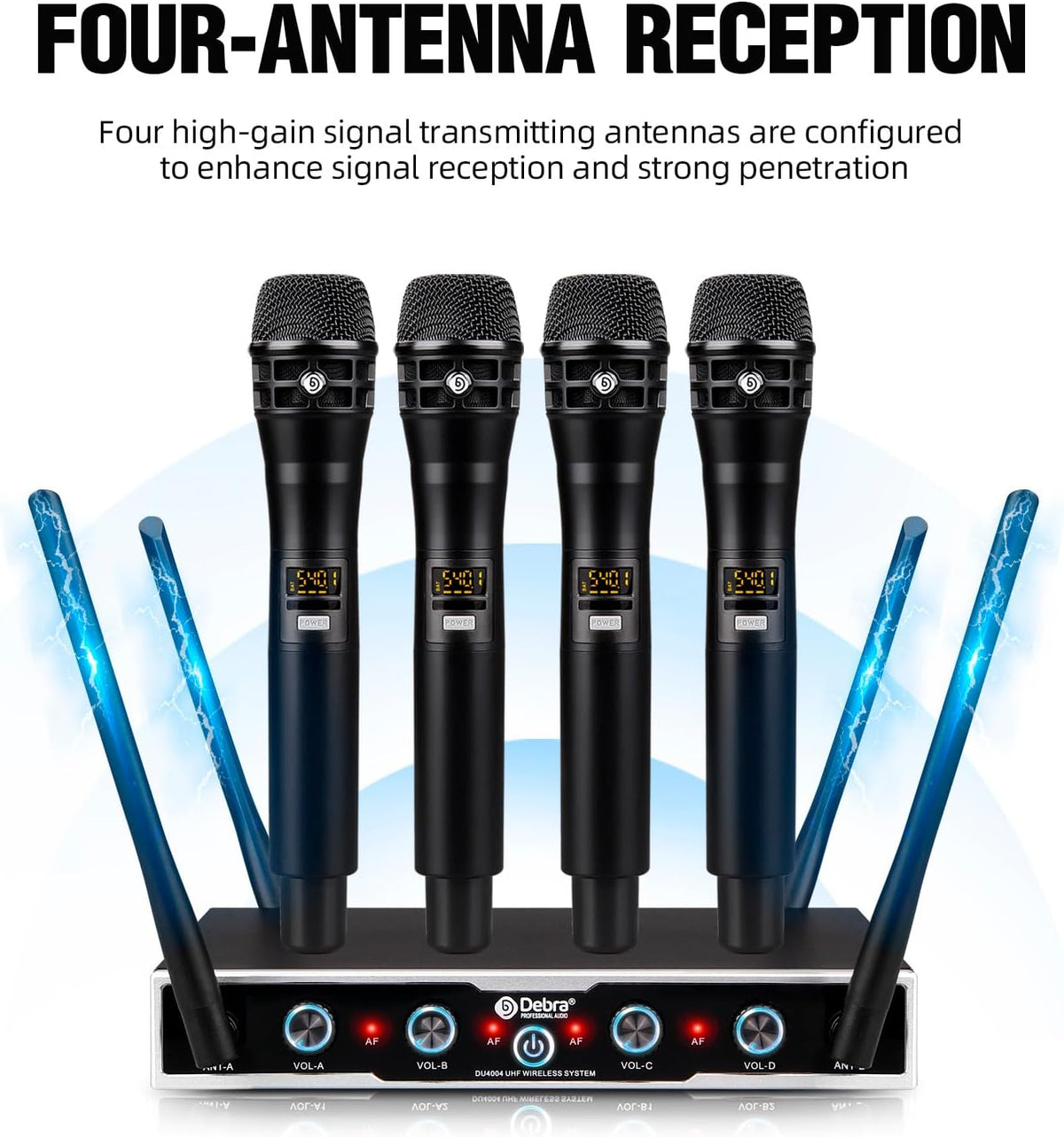D Debra UHF draadloos microfoonsysteem, 4x16 instelbare kanalen, dynamische handheld microfoons, automatische frequentiesynchronisatie, 80m bereik voor zang en karaoke (4 microfoons)