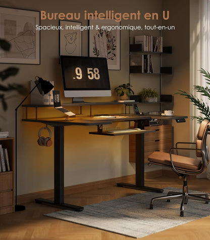 OffiGo U-Shaped Height Adjustable Desk, 140 cm, Electric Standing Table with Monitor Stand, Sockets and USB Charging Port, Standing Desk with LED, Gaming and Office, Computer Table, Black - QUORE