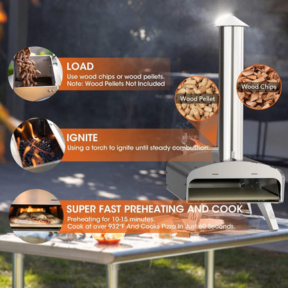Mimiuo buitenoven op hout en pellets voor in de tuin, klassieke W-oven met zwarte coating, met pizzasteen en opvouwbare pizzaschil.