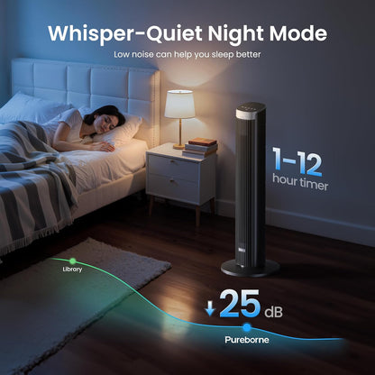 91 cm stille ventilator, 90° oscillatietorenventilator, staande ventilator met afstandsbediening en wifi, 4 standen en 4 modi, 12-uurs timer, torenventilatoren voor slaapkamer, zwart