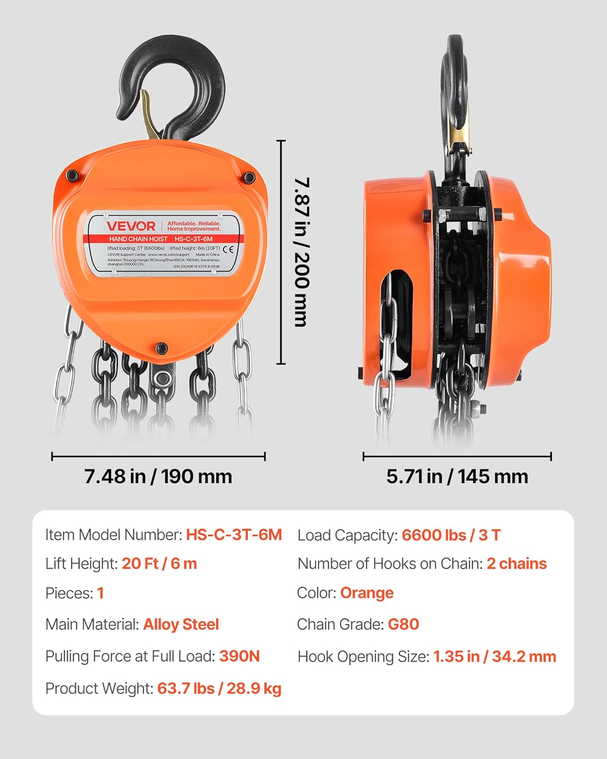VEVOR Manual Drawstring, Capacity 3 T, with Galvanized Chain G80, Lift Height 6 m, Pulley with Pulley for Cars in Warehouse, Orange