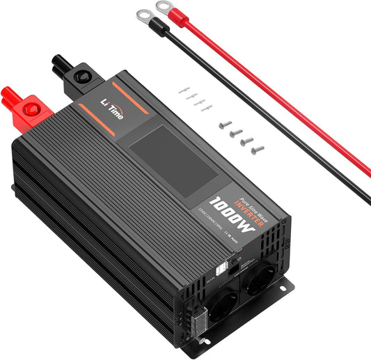 12V naar 230V Omvormer – Spanningsomvormer – Spanningsconverter – DC naar AC Omvormer – Zonnestroom Omvormer – 1000W Continu, 2000W Piekvermogen – Zuivere Sinusgolf met LCD Bewakingsscherm en 2 AC Uitgangen