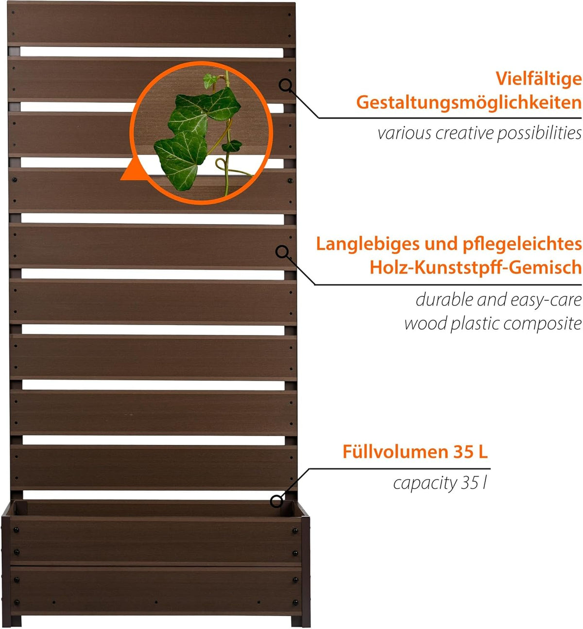 dobar® WPC XXL Planter with High Trellis Privacy Screen - Large Planter Ideal for Balconies and Patios - 72 x 33 x 137 cm - Silver Grey - QUORE