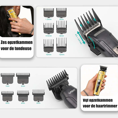 VGR 694 Professionele Tondeuseset, Draadloze Tondeuse voor Mannen, Trimmer en Scheerapparaatset met Magnetisch Laadstation, Kappersset met Keramisch Koolstofstalen Mes en LED Display, Goud