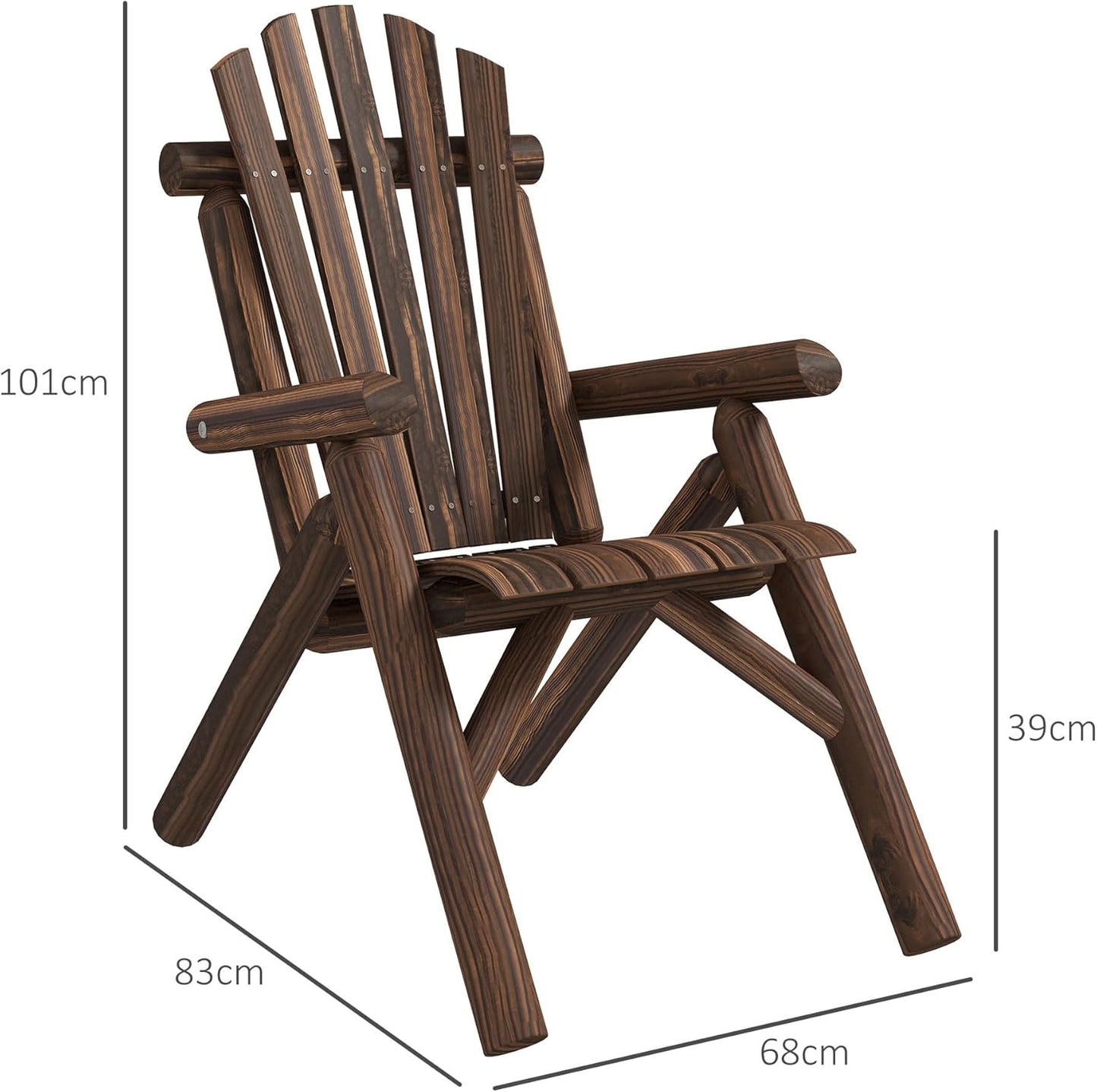 Outsunny Adirondack Garden Chair Wooden Chair High Backrest with Armrest Pine Wood Charred 83 x 68 x 101 cm - QUORE