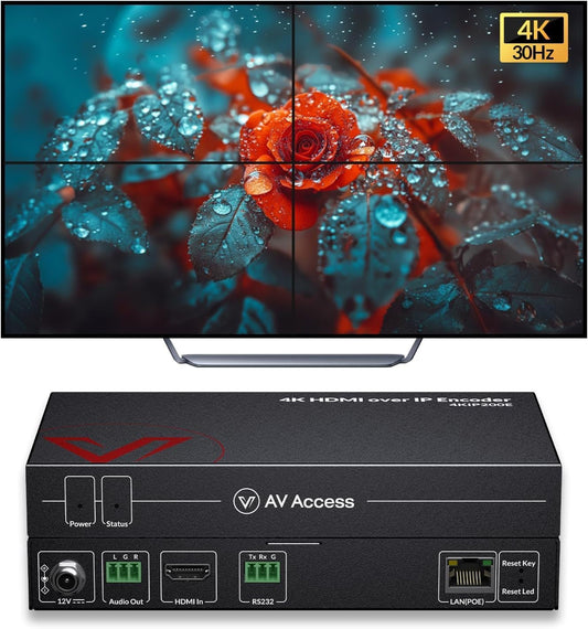 AV Access 4K HDMI Extender over TCP/IP, AV Over IP Encoder met Videowall tot 8X8, 395ft (120m), Plug & Play zonder configuratie, Visuele controle, Videomatrix, PoE, RS-232 (4KIP200E)