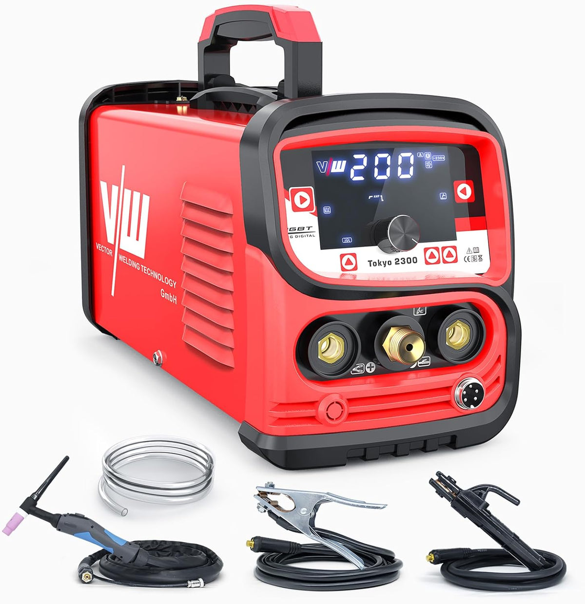 TIG professioneel lasapparaat 200 A, elektrode-las-functie, pulsfunctie, gas pre- en post-run, stroomstijging en -daling, taakgeheugen, inverter, IGBT, Tokyo 2300, Vector Welding