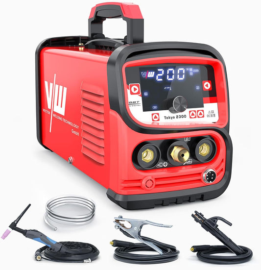 TIG professioneel lasapparaat 200 A, elektrode-las-functie, pulsfunctie, gas pre- en post-run, stroomstijging en -daling, taakgeheugen, inverter, IGBT, Tokyo 2300, Vector Welding