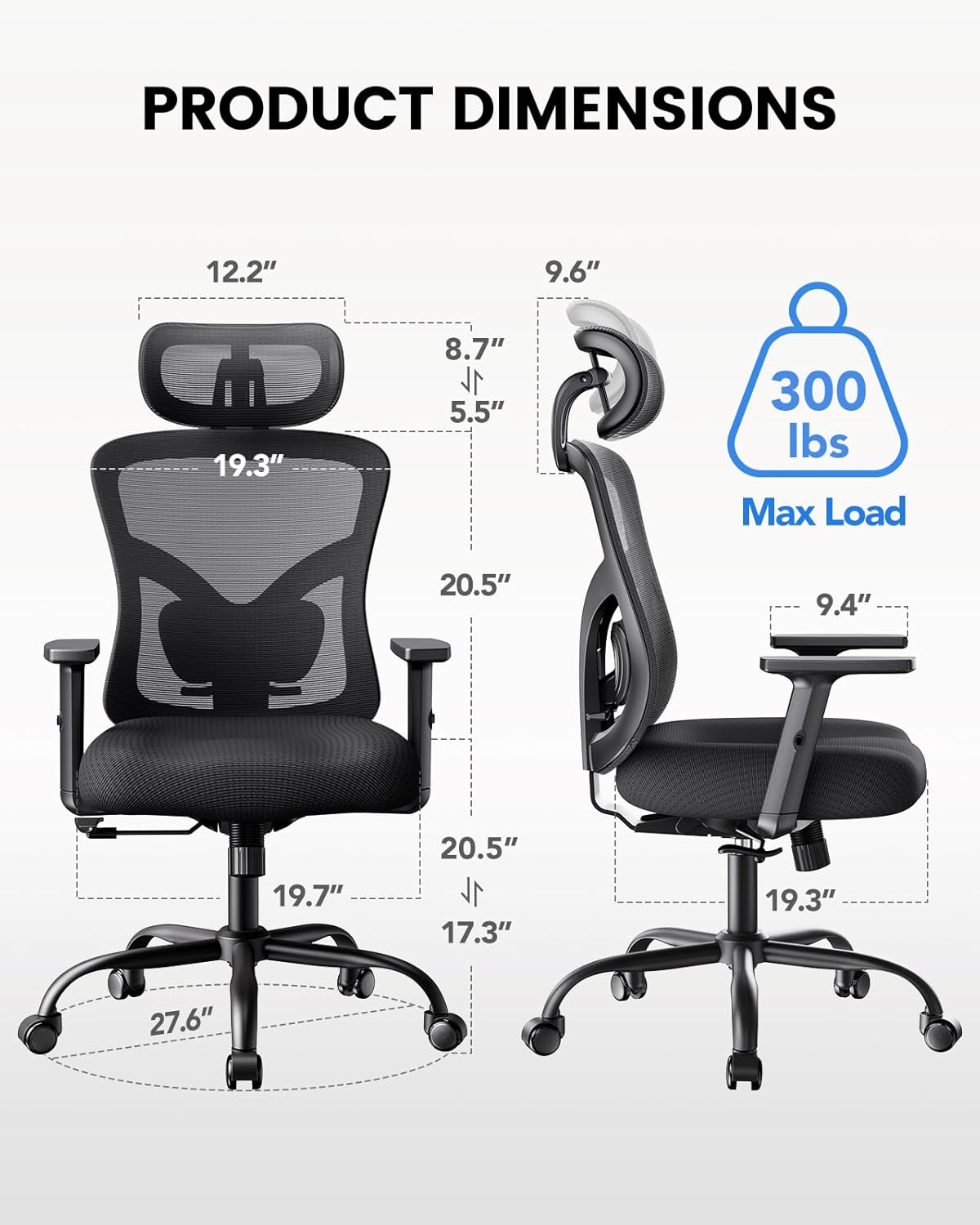 Ergonomische bureaustoel – Bureaustoel kantoor – Bureaustoel thuiswerken – Bureaustoel met hoofdsteun – Zwarte bureaustoel – Verstelbare lendensteun – Ademend mesh materiaal